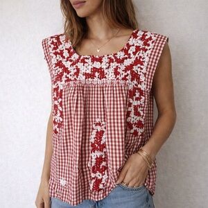 Red Gingham Embroidered Square Neck Sleeveless Blouse